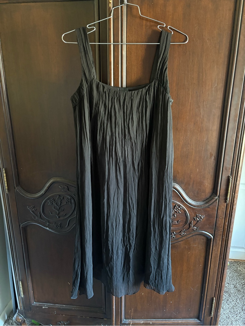 Eileen Fisher 100% Silk Crinkle Plisse Dress Black Sleeveless Square Neck Medium